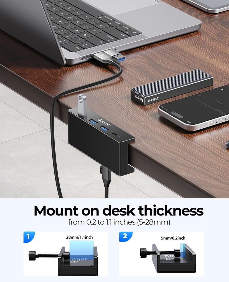 Orico محور USB 3.0، محور USB مع مشبك ومنفذ طاقة إضافي، محول USB من الألمنيوم بـ 4 منافذ USB مع 3 منافذ بيانات USB-A، منفذ USB-C للشاشات والمكاتب (أسود) - Image 5